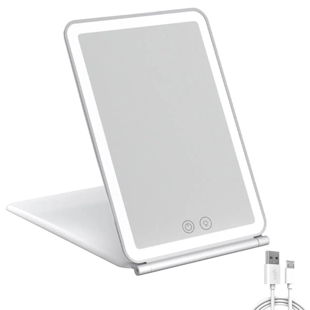 Touch Screen LED Makeup Mirror - Foldable, 3-Color Lighting, USB Rechargeable